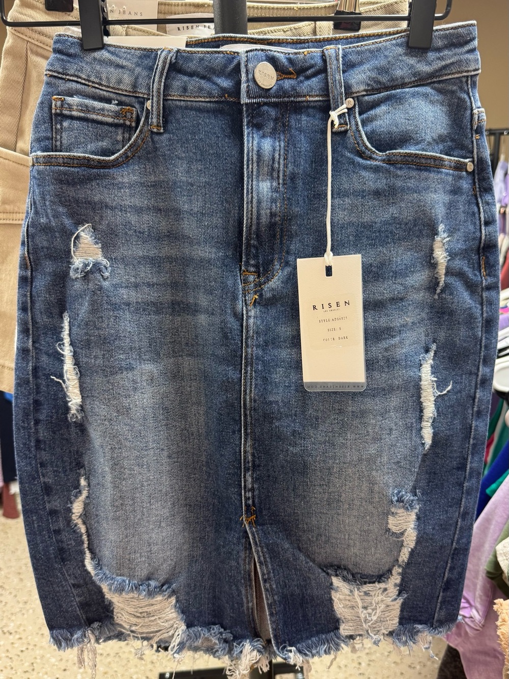 Risen Distressed Denim Pencil Skirt - Blue